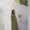 Summer Cotton-Olive Green Blocks Plated Dress - Image 6