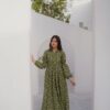 Summer Cotton-Olive Green Blocks Plated Dress
