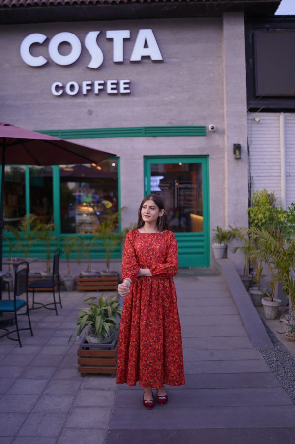 Lawn-Red Leafy Dress