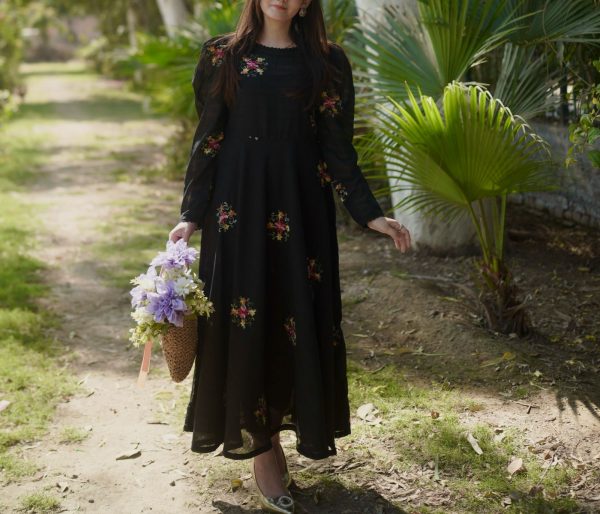 Embroidered Black Iris Floral Dress