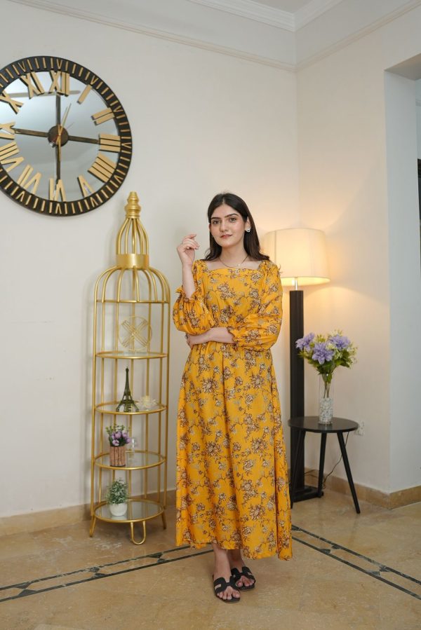 Lawn-Yellow Forsythia Floral Dress - Image 3