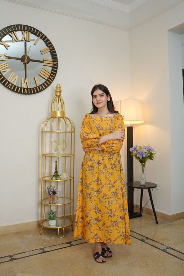 Lawn-Yellow Forsythia Floral Dress - Image 4