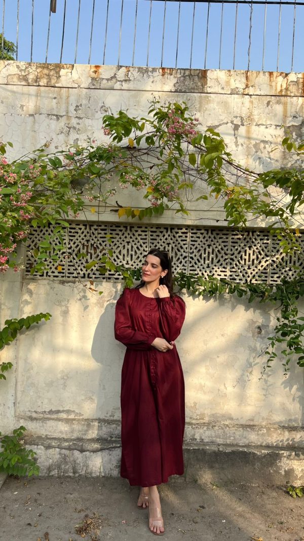 Cotton Lawn-Maroon Solid Long Dress - Image 4