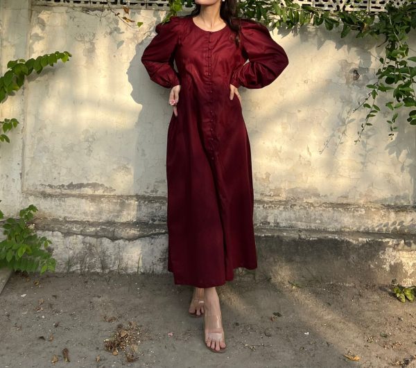 Cotton Lawn-Maroon Solid Long Dress