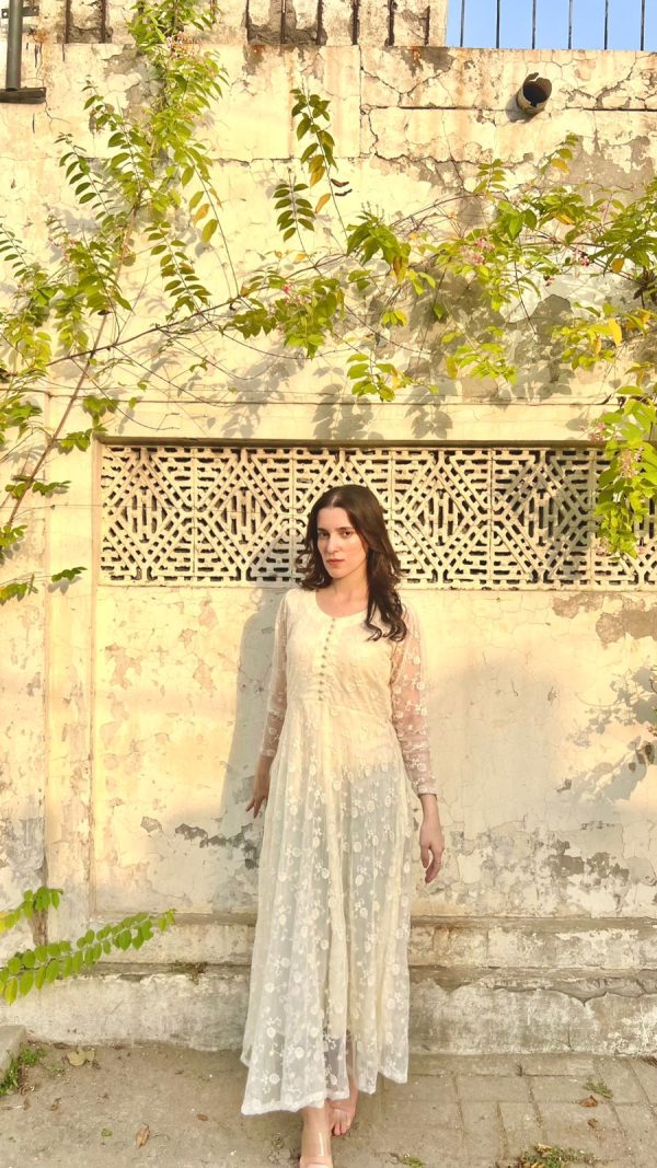 OffWhite-Embroidered Net Floral Dress - Image 6