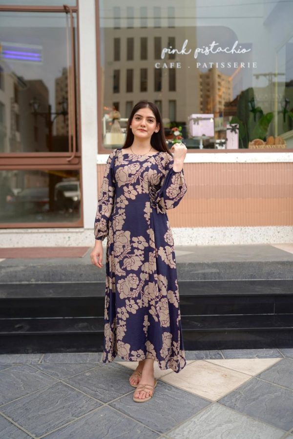 Navy Blue Beige Floral Dress - Image 9