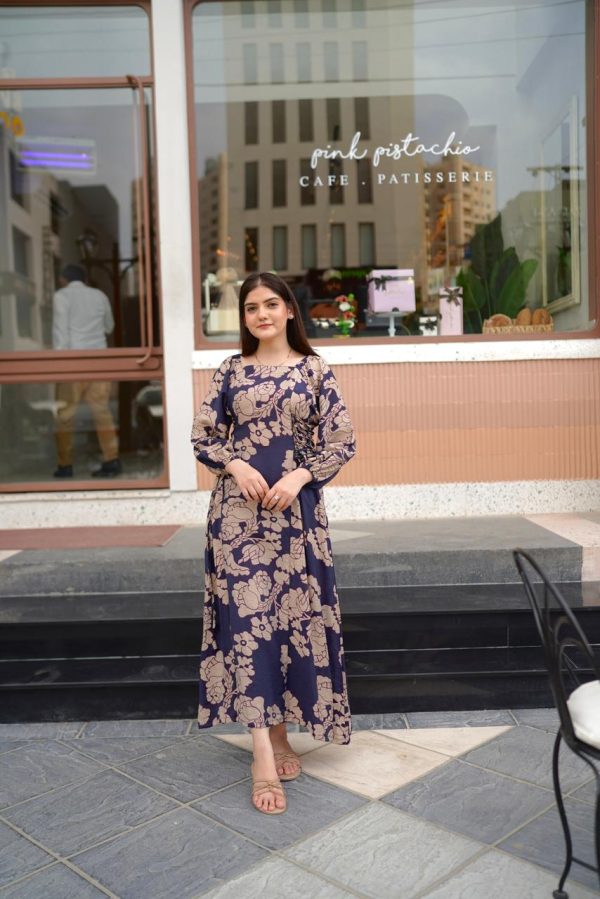 Navy Blue Beige Floral Dress