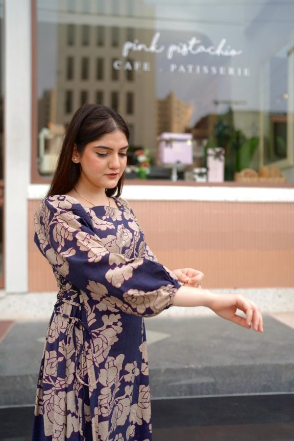 Navy Blue Beige Floral Dress - Image 5