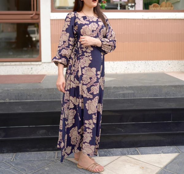 Navy Blue Beige Floral Dress - Image 4