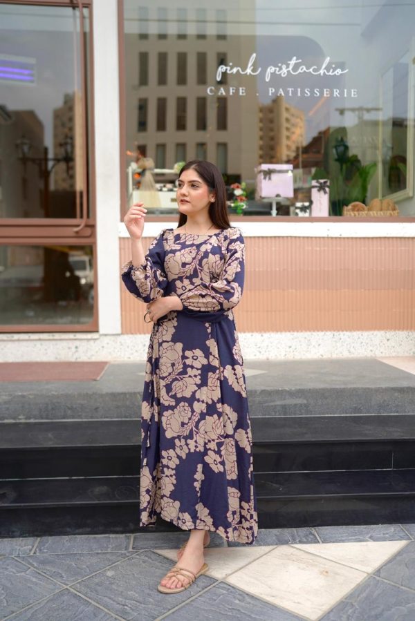 Navy Blue Beige Floral Dress - Image 3