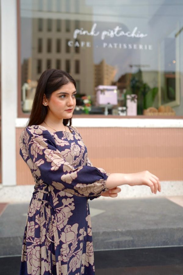 Navy Blue Beige Floral Dress - Image 6