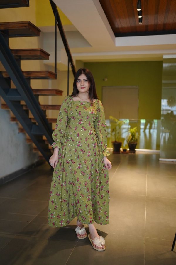 Georgette jasmine Green Stripes Long Dress - Image 8