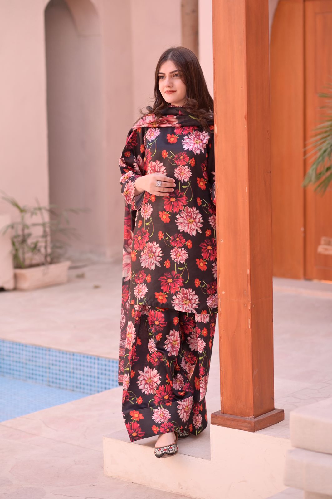 3PC-Black Floral Farshi Set
