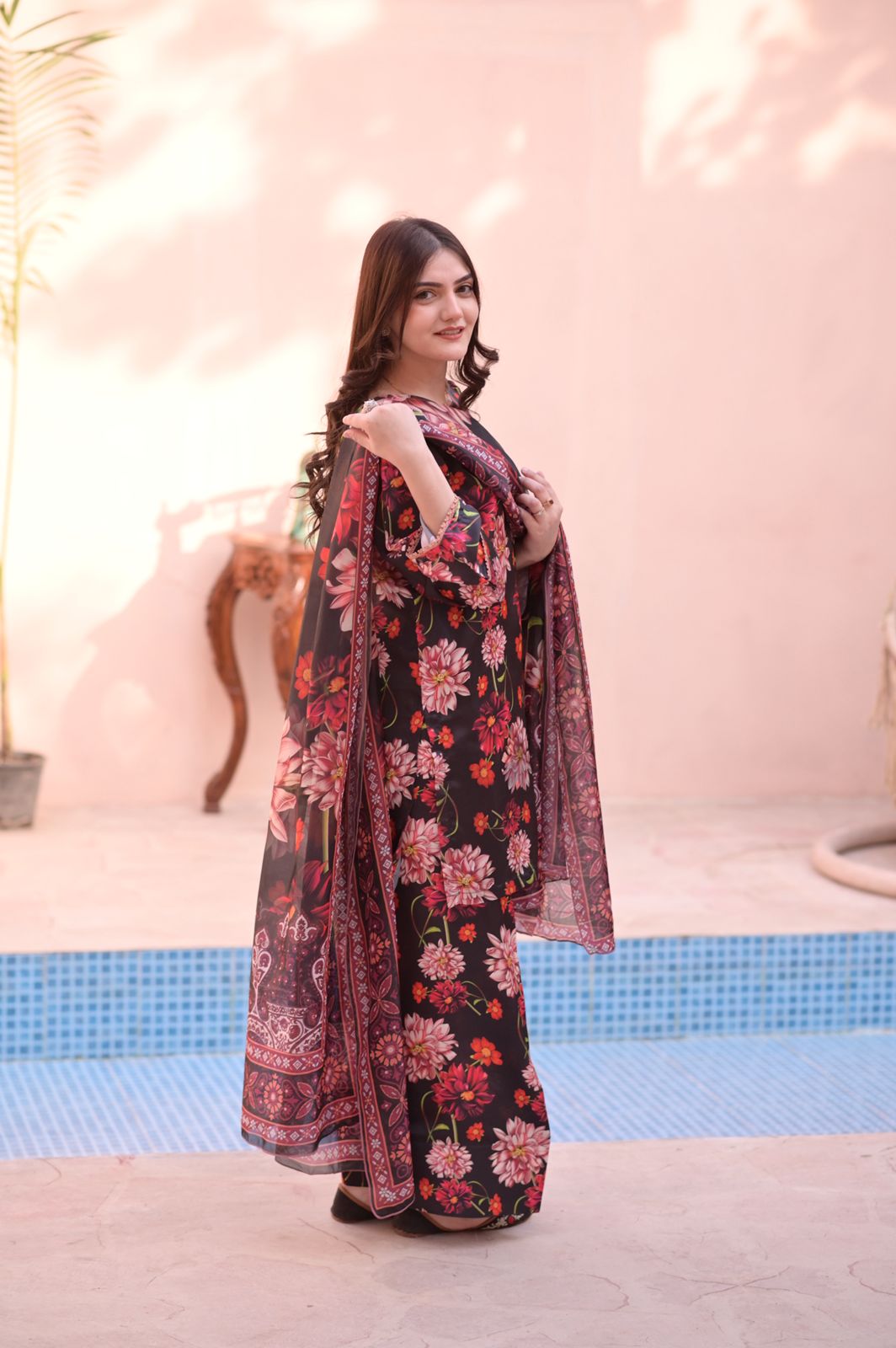 3PC-Black Floral Farshi Set - Image 7