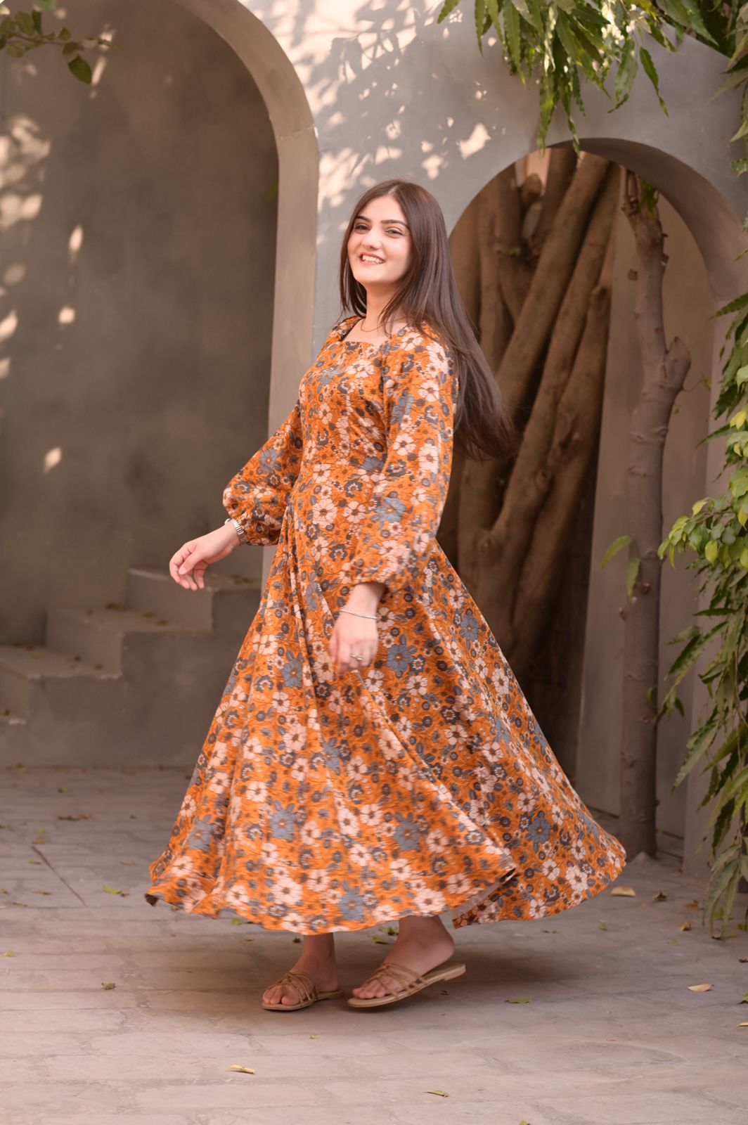 Marina-Mustard Floral Dress - Image 10