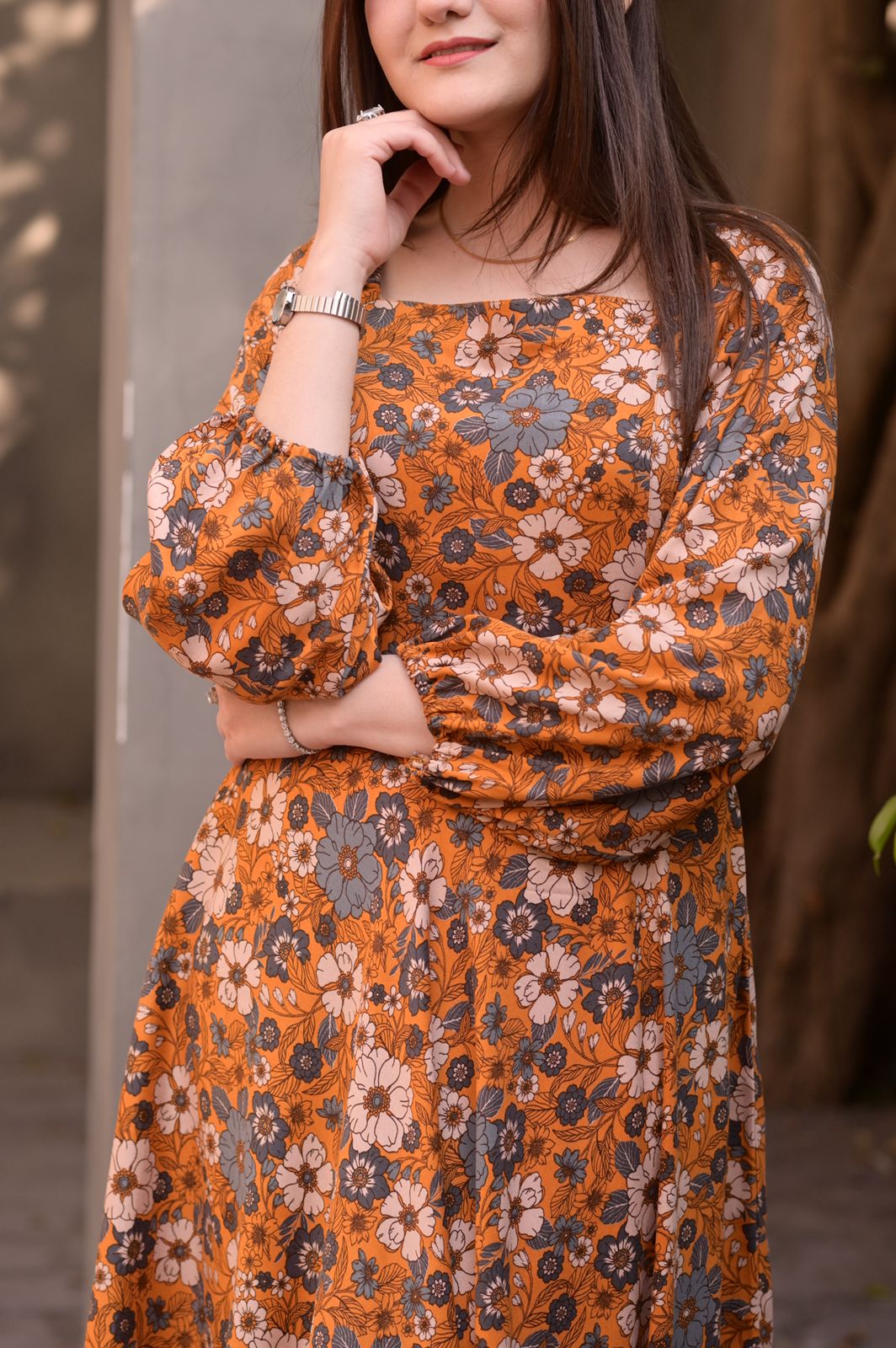 Marina-Mustard Floral Dress - Image 7