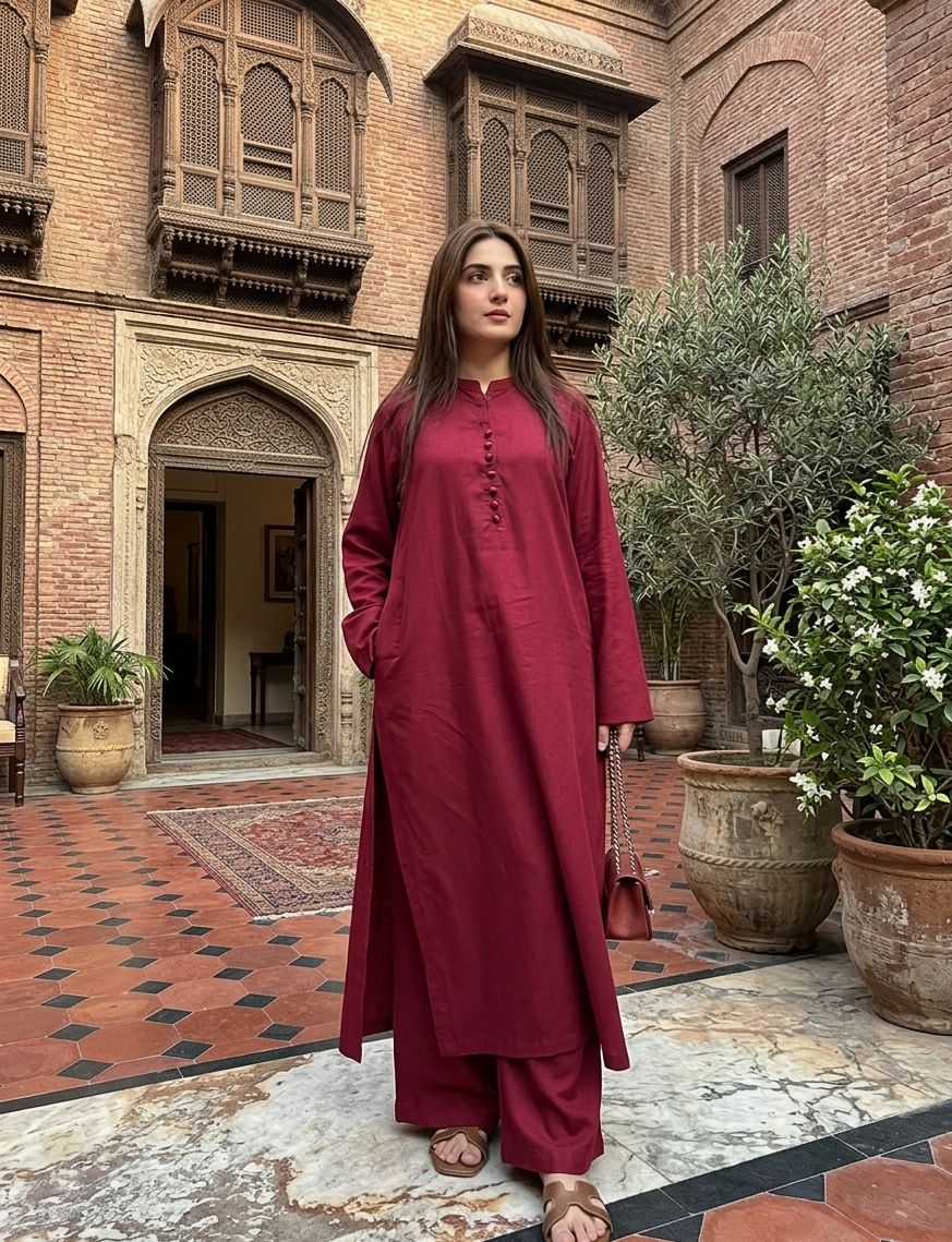 Maroon Long Shirt Coord Set