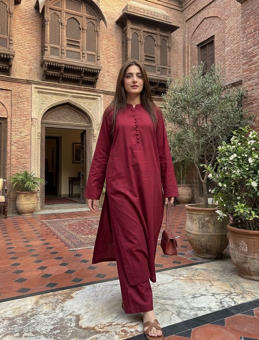 Maroon Long Shirt Coord Set - Image 3