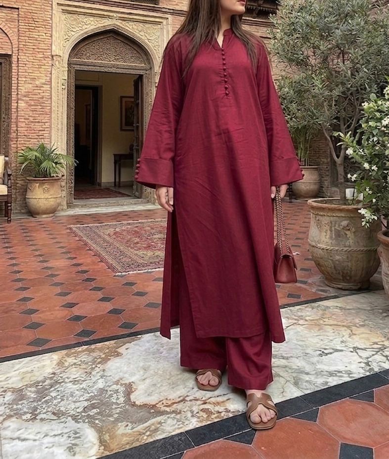 COTTON LAWN-Maroon Classic Coord Set - Image 4