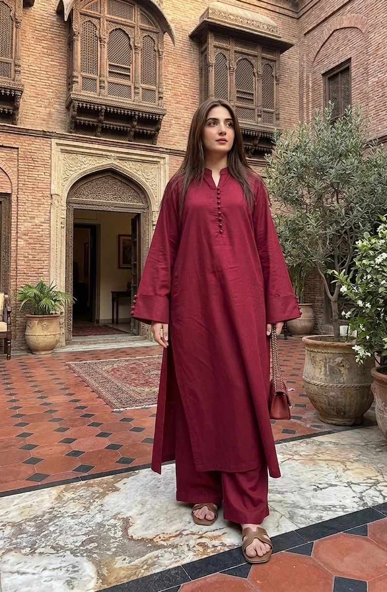 COTTON LAWN-Maroon Classic Coord Set