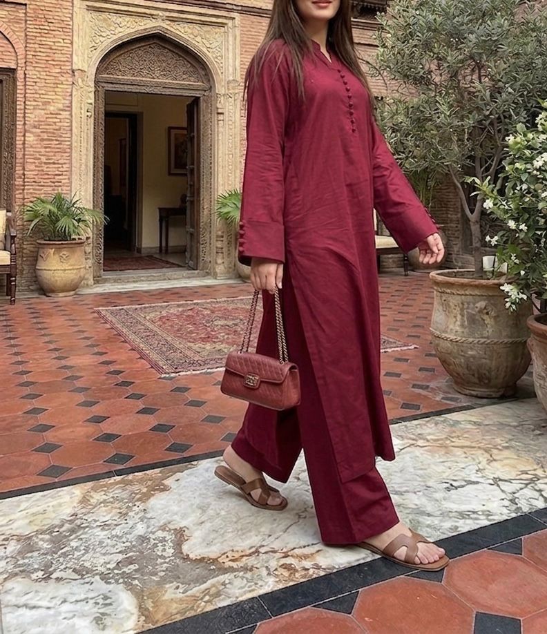 COTTON LAWN-Maroon Classic Coord Set - Image 5