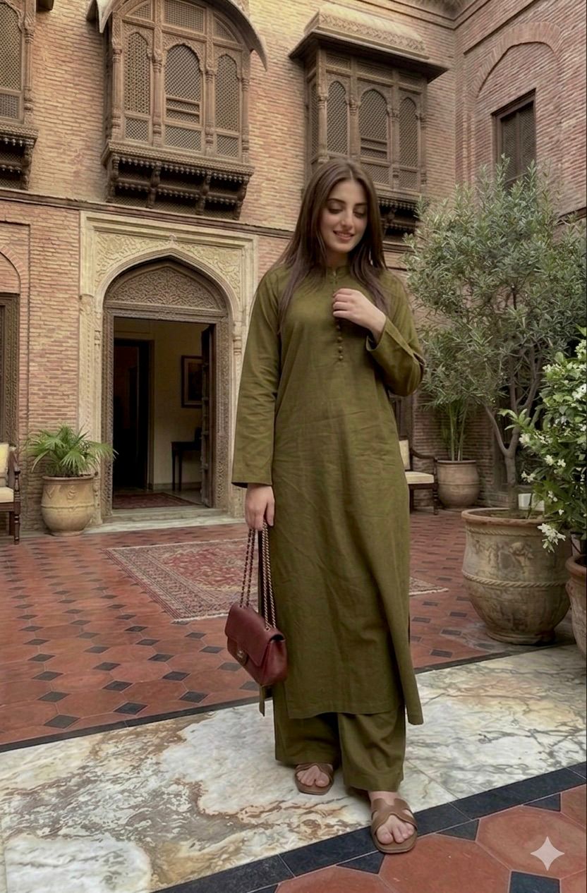 LAWN-Olive green long shirt coord set - Image 6