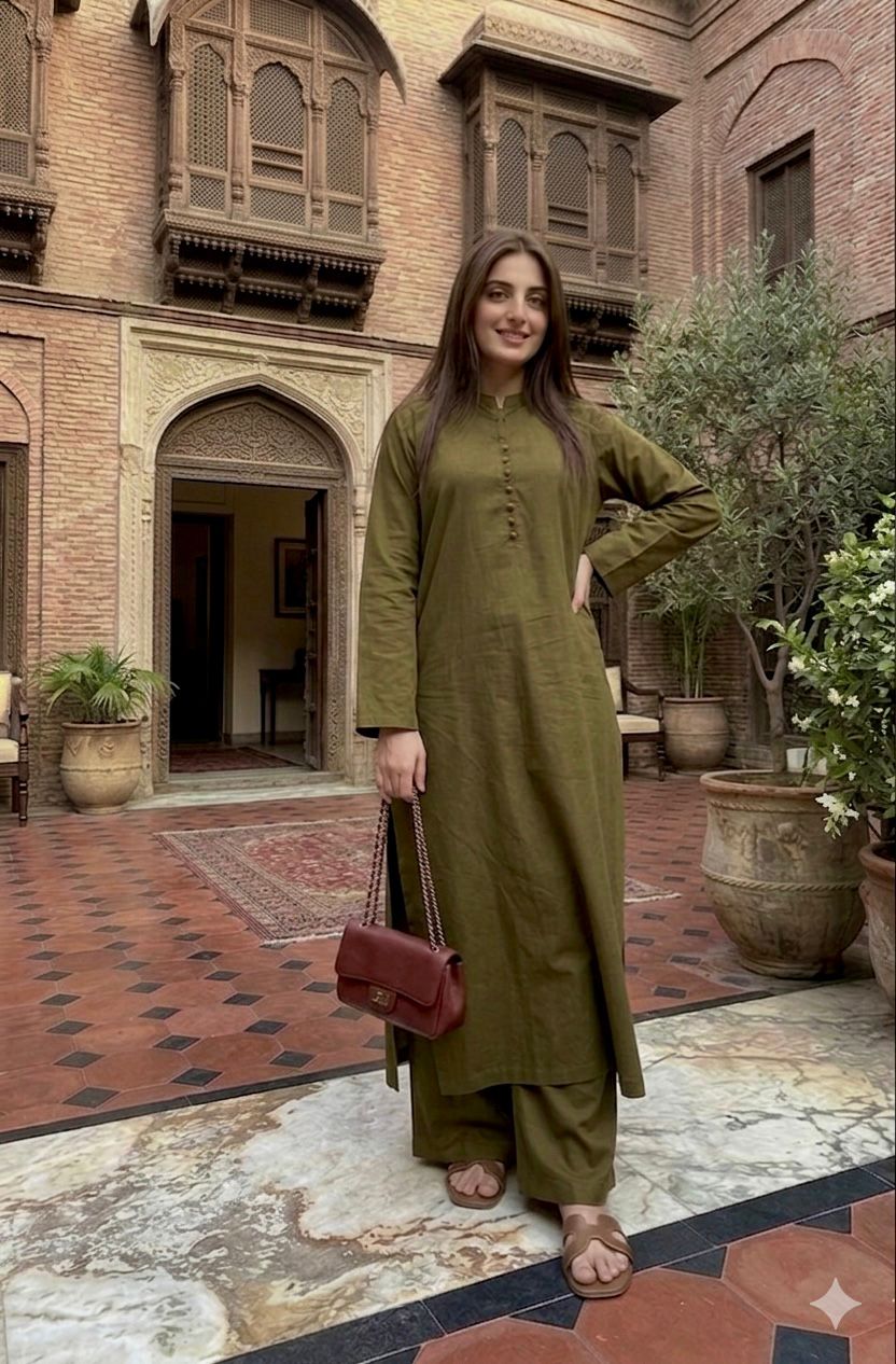 LAWN-Olive green long shirt coord set