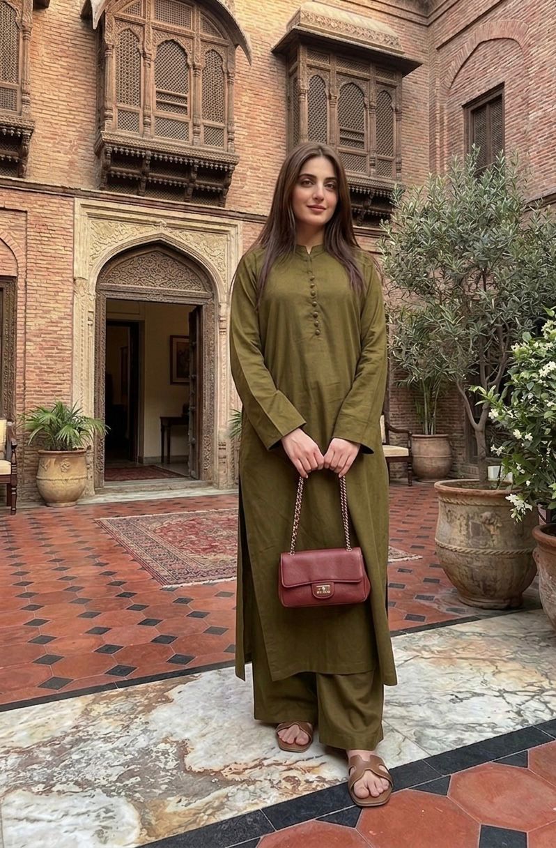 LAWN-Olive green long shirt coord set - Image 4