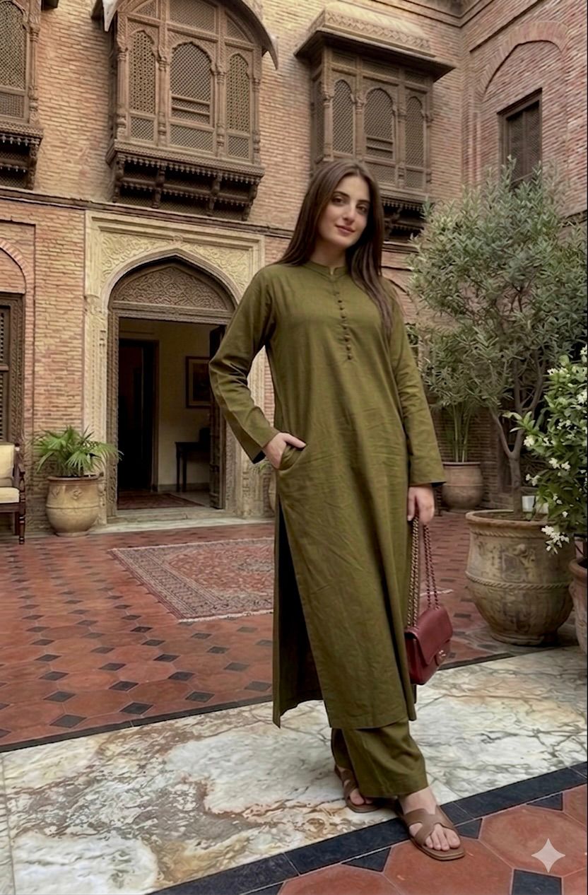 LAWN-Olive green long shirt coord set - Image 5