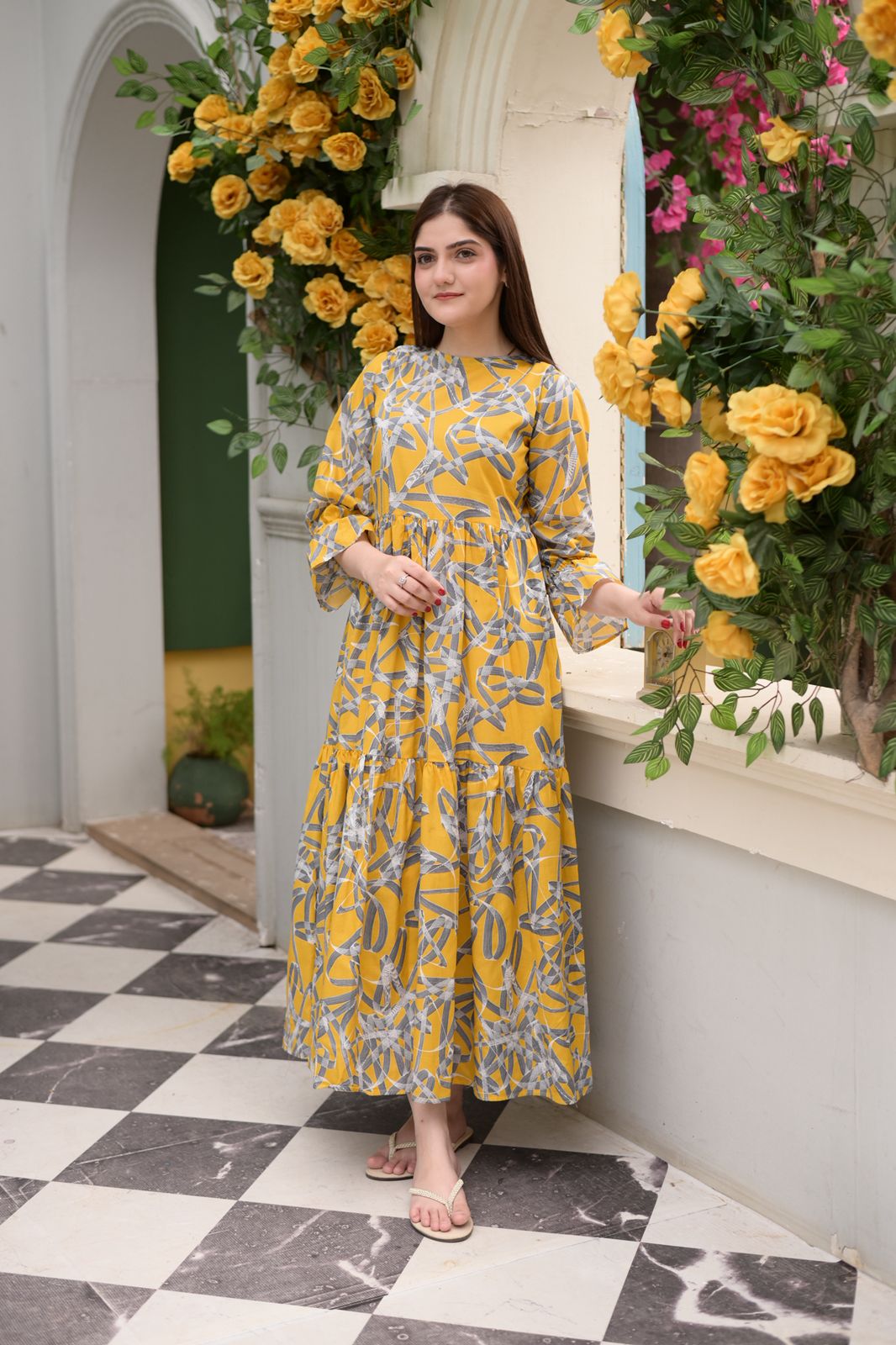 Lawn-Yellow Grey Printed Dress