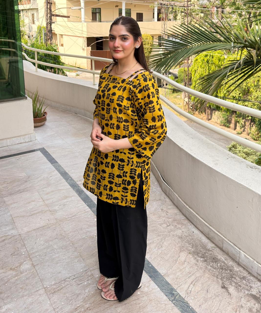 Doria Lawn-Mustard Black Floral (SHIRT) - Image 6