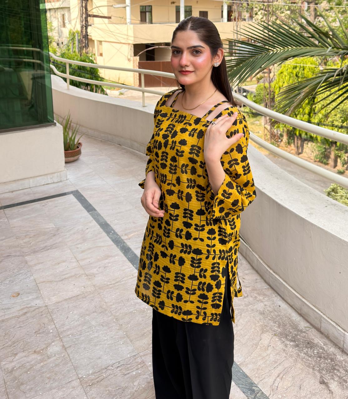 Doria Lawn-Mustard Black Floral (SHIRT) - Image 7