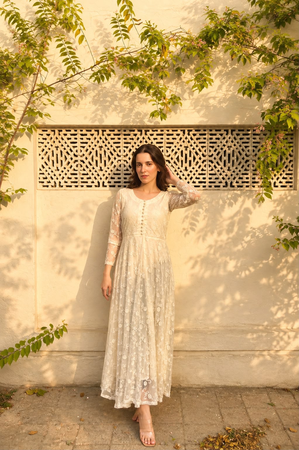 OffWhite-Embroidered Net Floral Dress. - Image 6