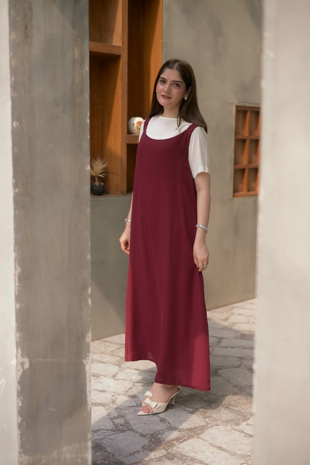 Maroon & white Long dress - Image 4