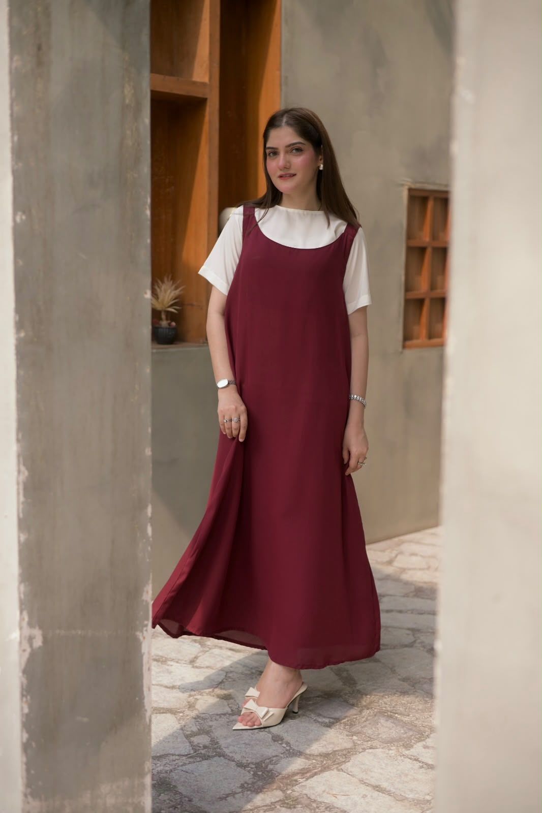 Maroon & white Long dress - Image 3