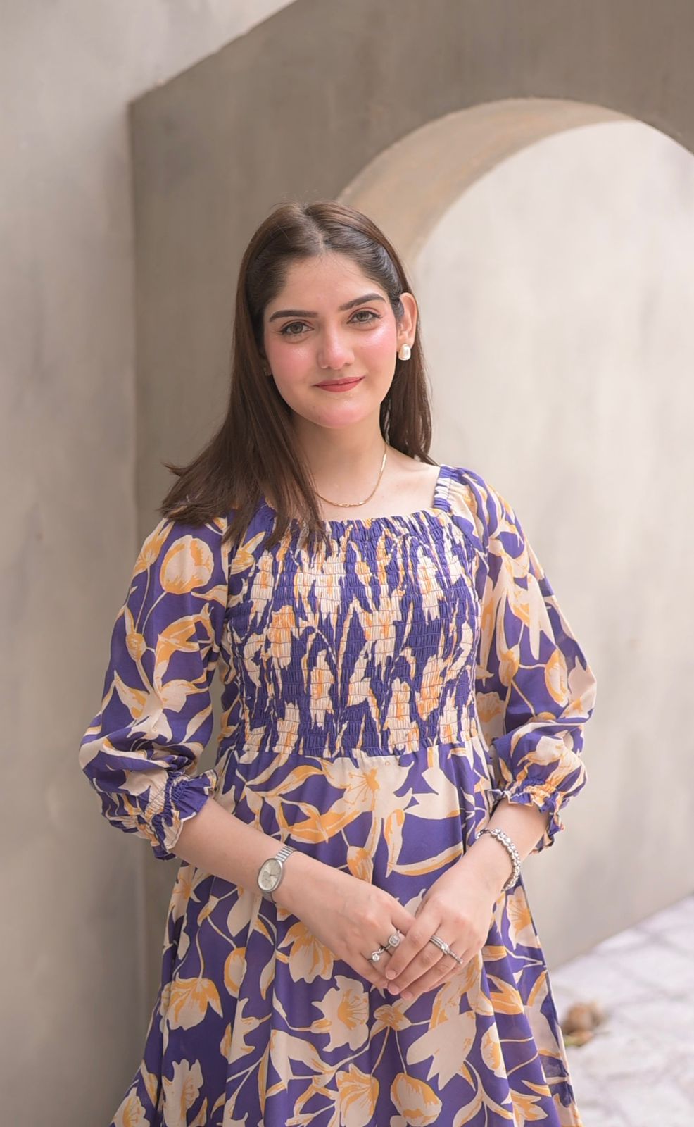 Lawn- Purple Floral Smocked Dress - Image 6