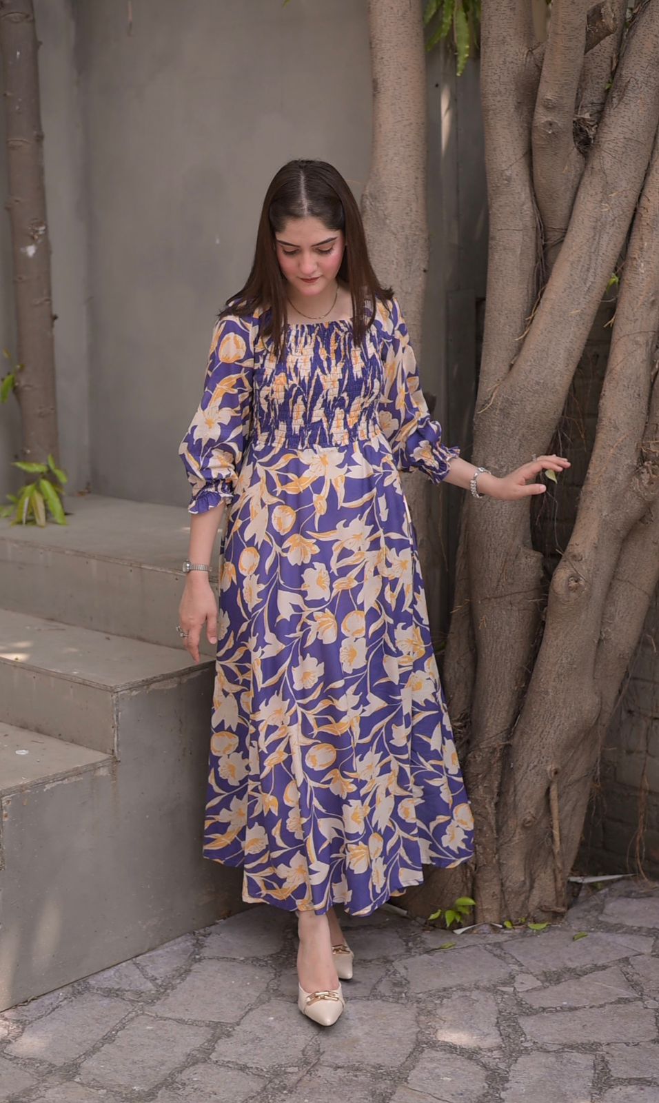 Lawn- Purple Floral Smocked Dress - Image 7