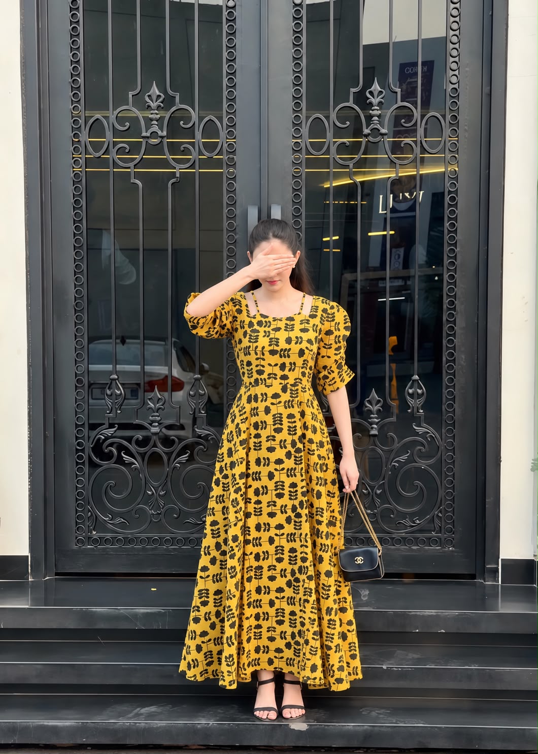 Mustard & Black Floral Dress