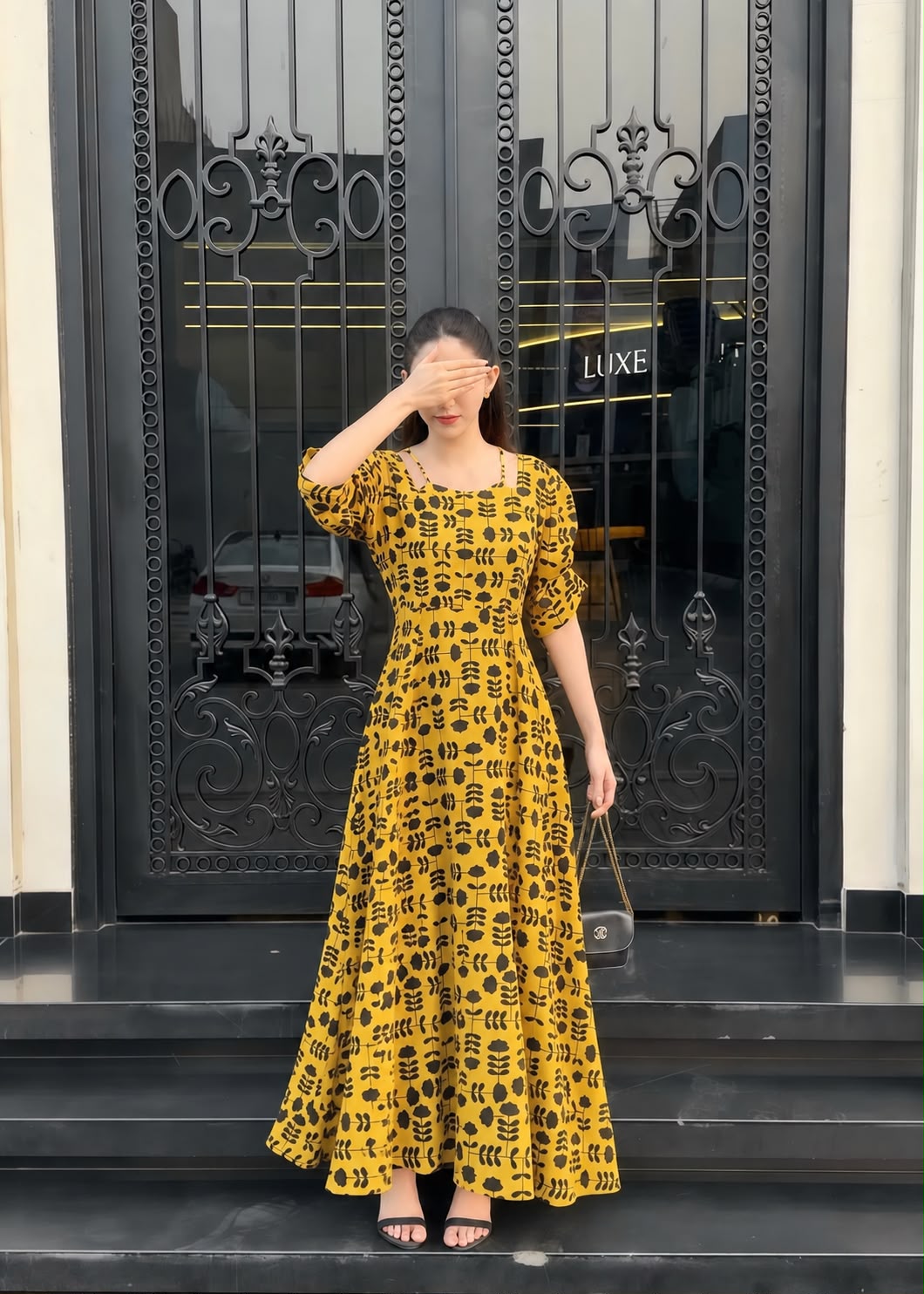 Mustard & Black Floral Dress - Image 3
