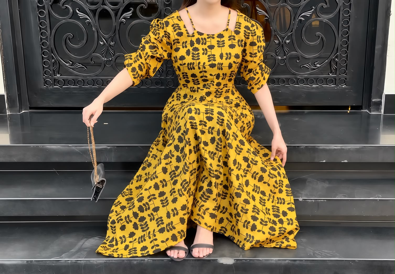 Mustard & Black Floral Dress - Image 4