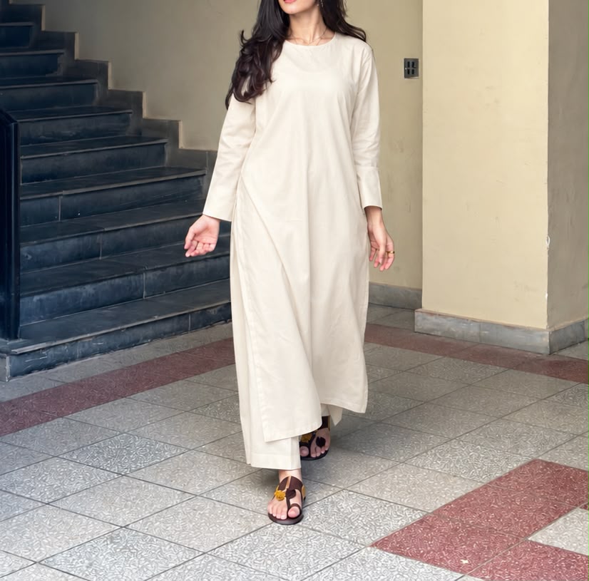 Khaddar- Offwhite Cream Classic Coord Set - Image 7